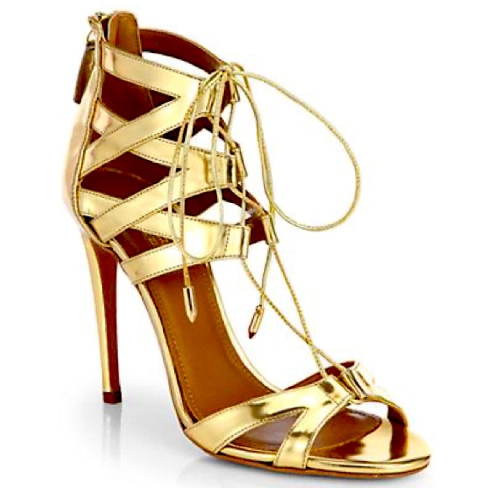 Aquazzura Beverly Hills Gold Lace Up Sandal Heel 38 8